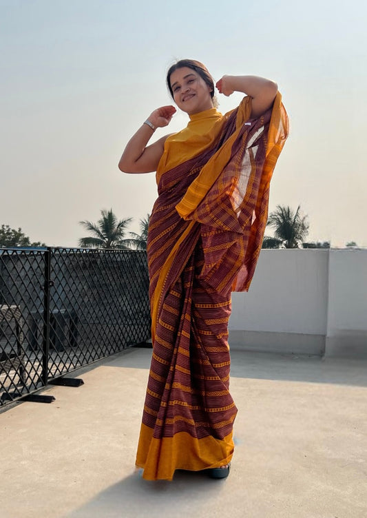 Brown - Yellow cotton handloom saree new collection