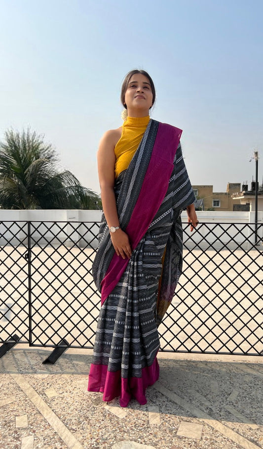 Black Pink yellow cotton handloom saree new collection