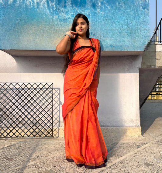 Orange-Plum wine soft and comfortable Khadi cotton saree 