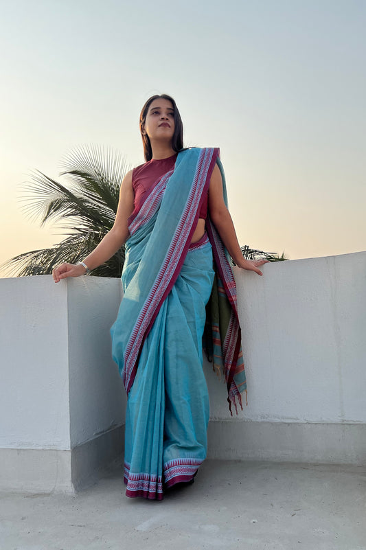 Blue - Red cotton Dhaniakhali handloom saree new collection