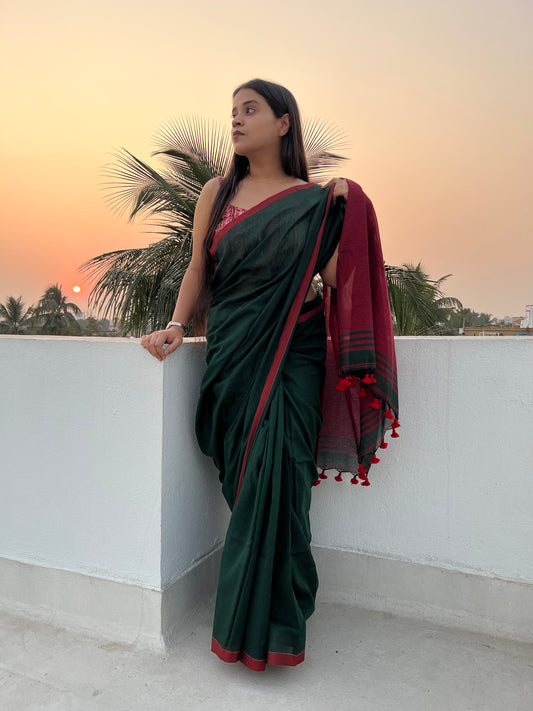 Green-maroon soft and comfortable Khadi cotton saree 