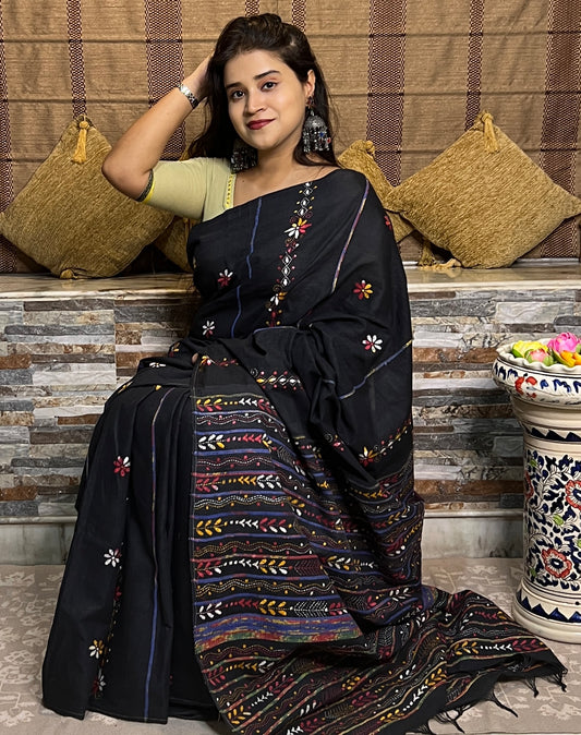 Black Khesh Cotton Kantha stitch embroidered saree in multicoloured threads 