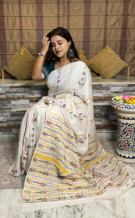 White Khesh Cotton Kantha stitch embroidered saree in multicoloured threads 