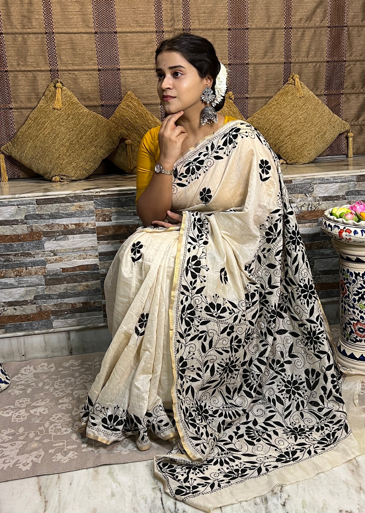 White Chanderi Cotton Kantha stitch embroidered saree in black threads and golden border