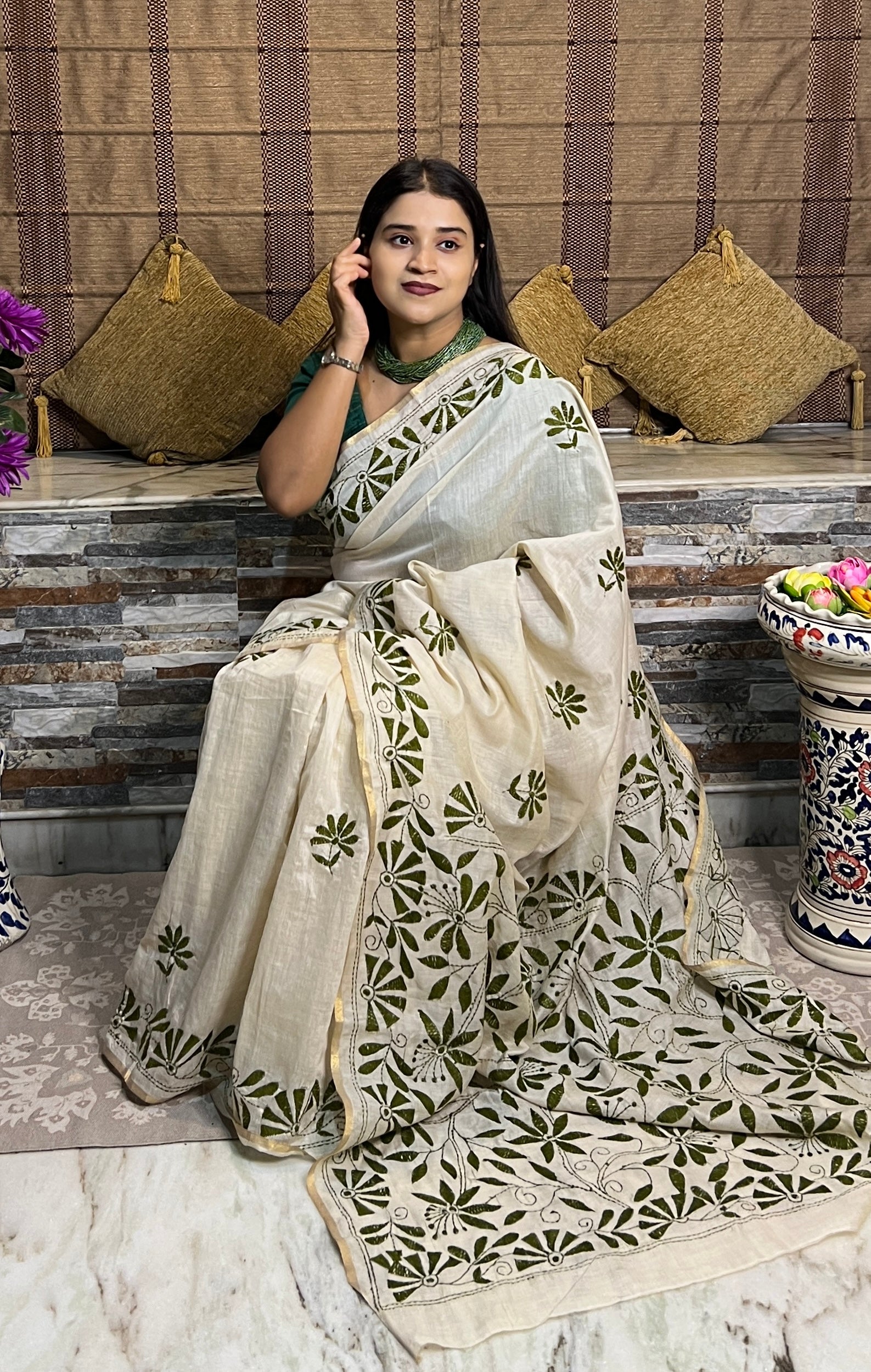 White Chanderi Cotton Kantha stitch embroidered saree in green threads and golden border