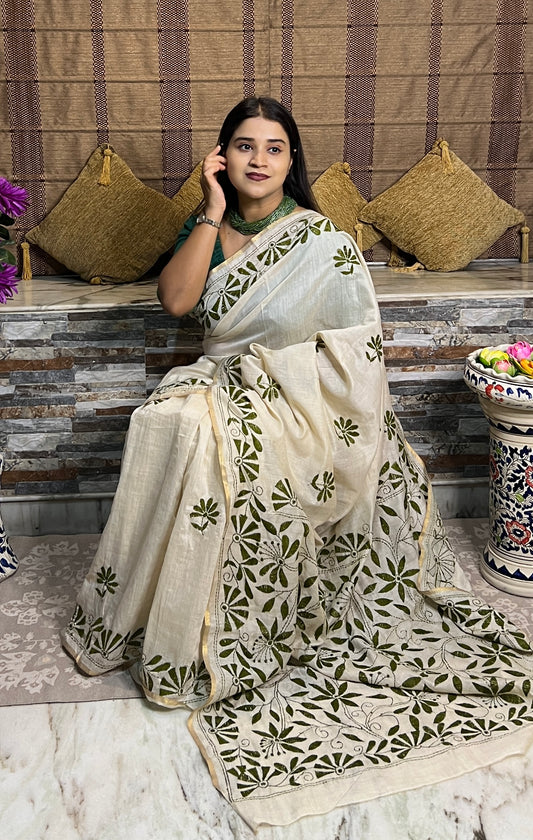 White Chanderi Cotton Kantha stitch embroidered saree in green threads and golden border