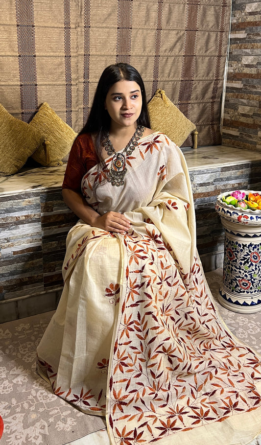 White Chanderi Cotton Kantha stitch embroidered saree in brown threads and golden border