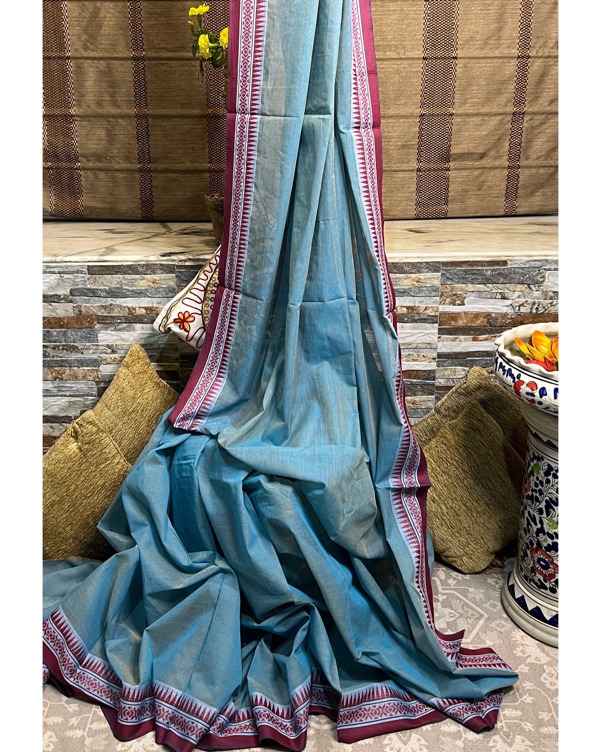 Blue - Red cotton Dhaniakhali handloom saree new collection