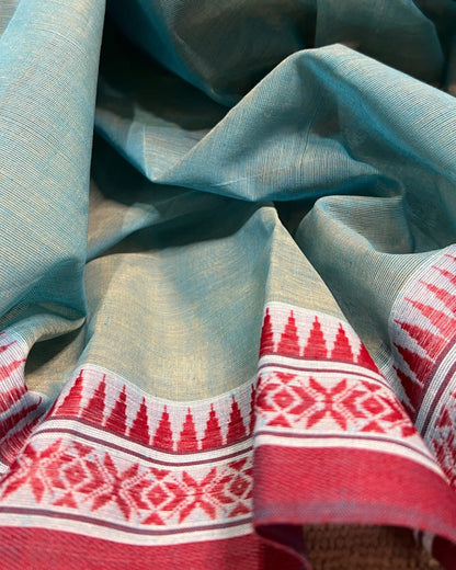 Blue - Red cotton Dhaniakhali handloom saree new collection