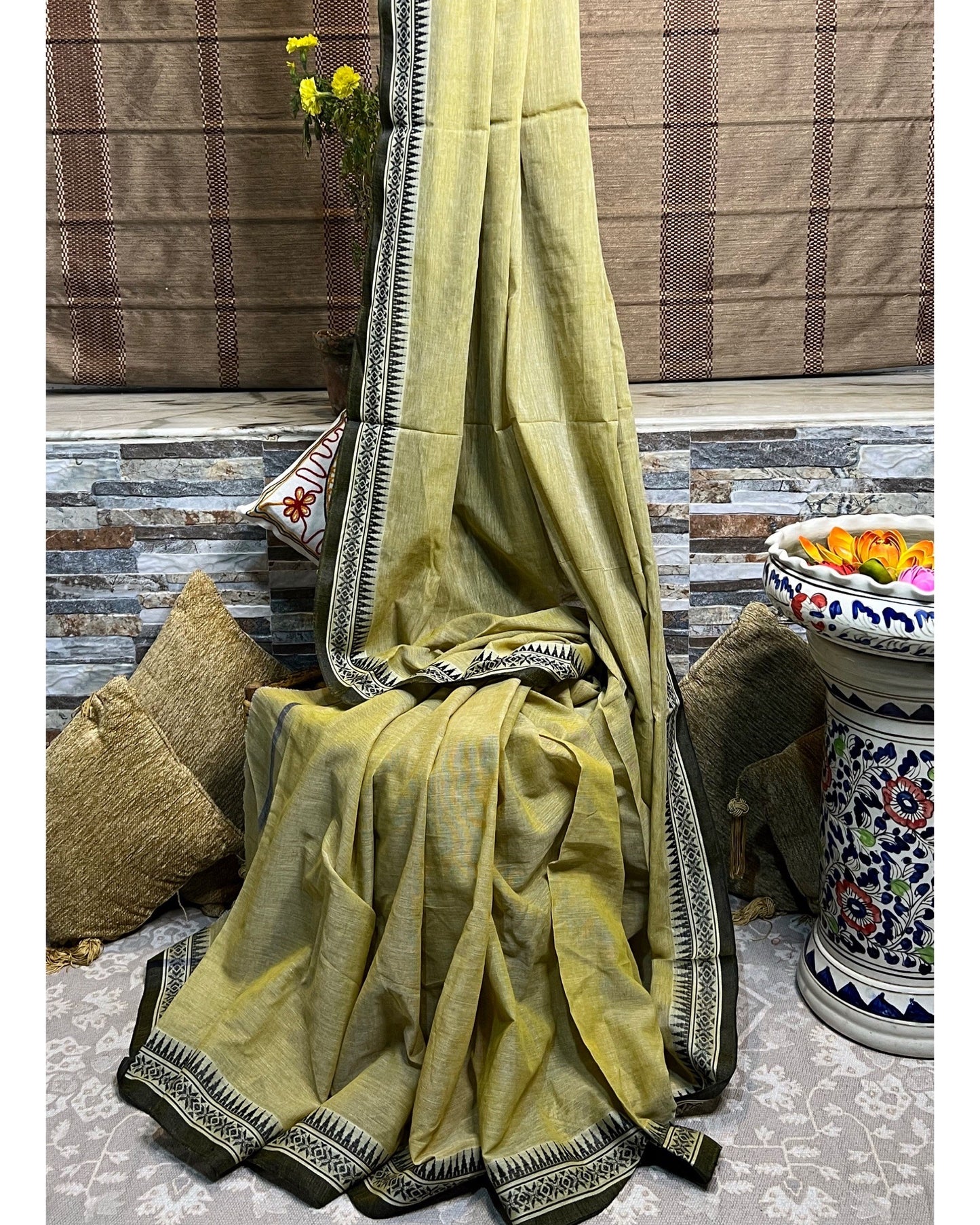Mehendi Green - Black cotton Dhaniakhali handloom saree new collection