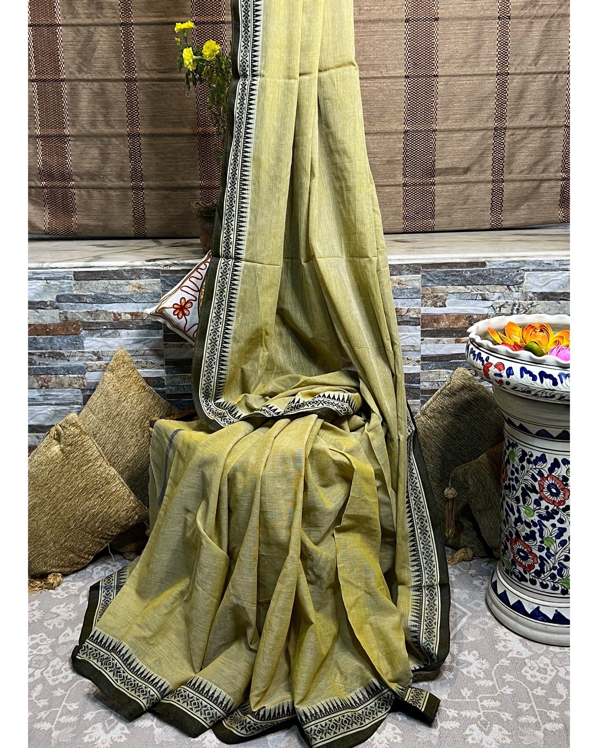 Mehendi Green - Black cotton Dhaniakhali handloom saree new collection