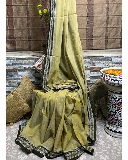 Mehendi Green - Black cotton Dhaniakhali handloom saree new collection