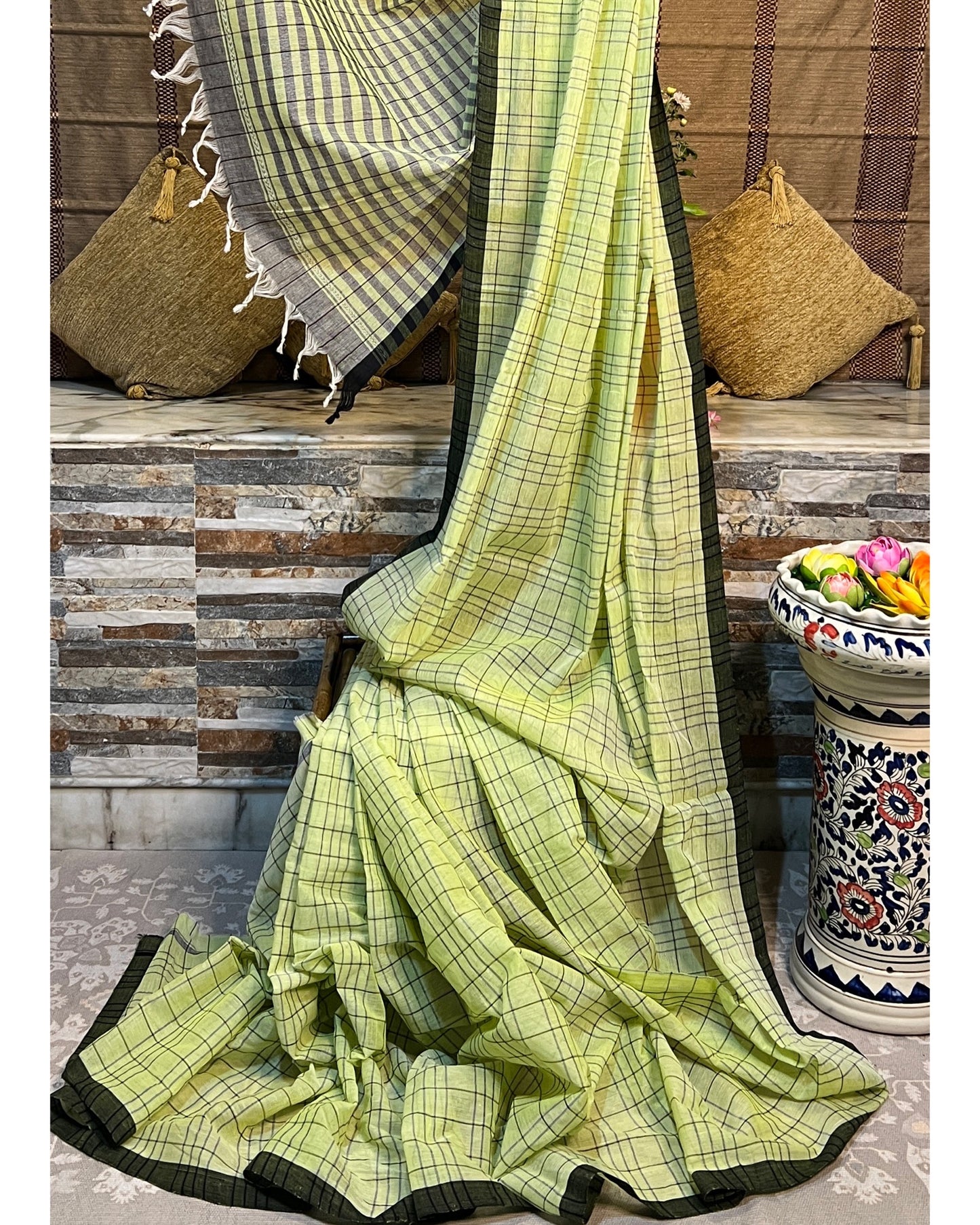 Lime Green - Black cotton Dhaniakhali handloom saree new collection