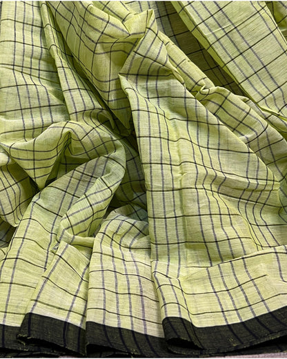 Lime Green - Black cotton Dhaniakhali handloom saree new collection
