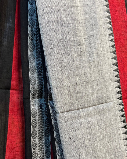 Grey black red  cotton handloom saree