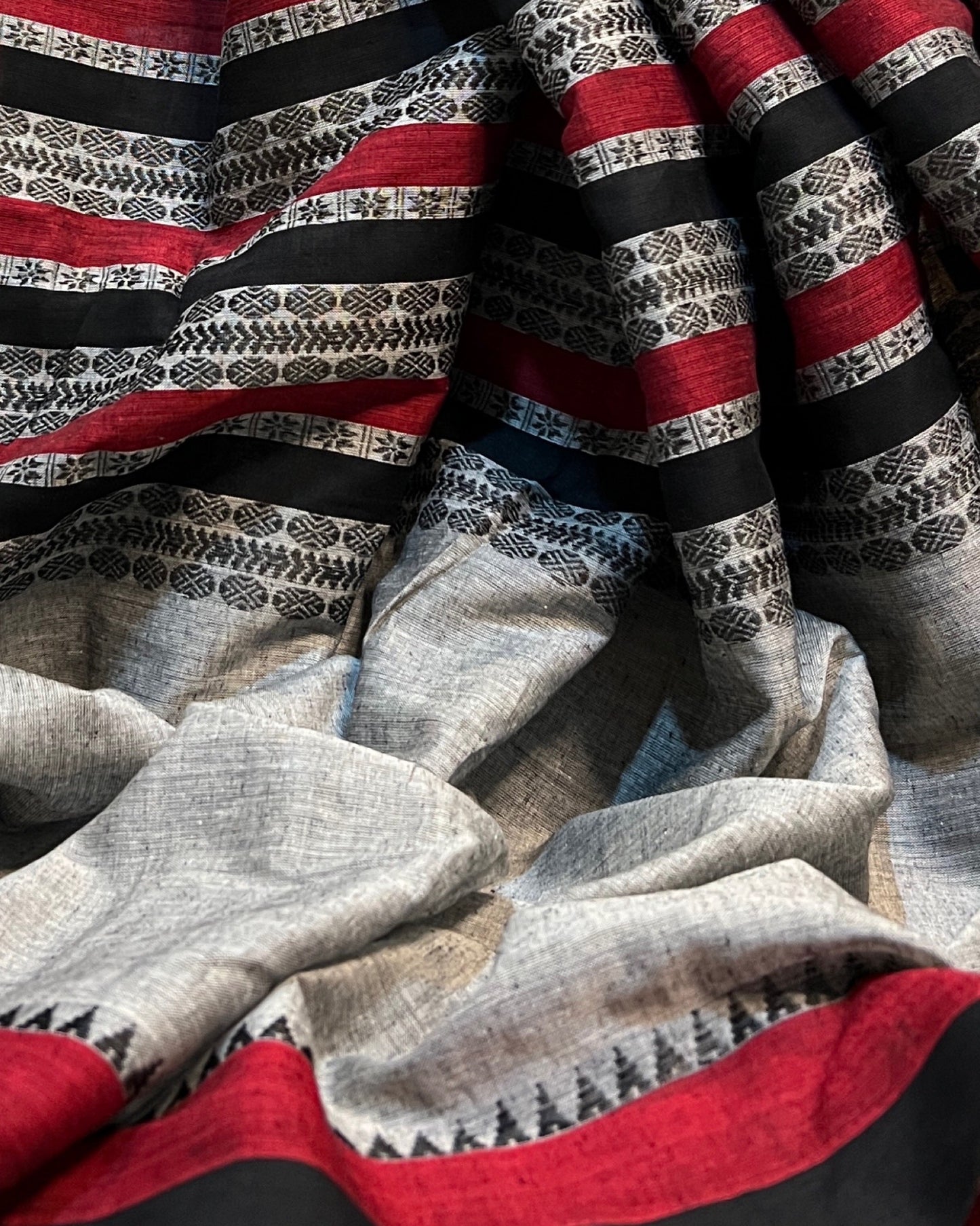 Grey black red  cotton handloom saree