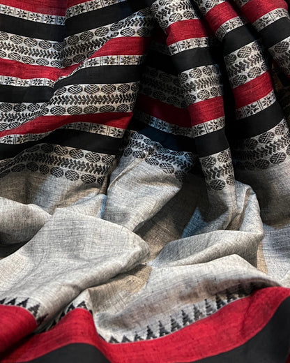 Grey black red  cotton handloom saree