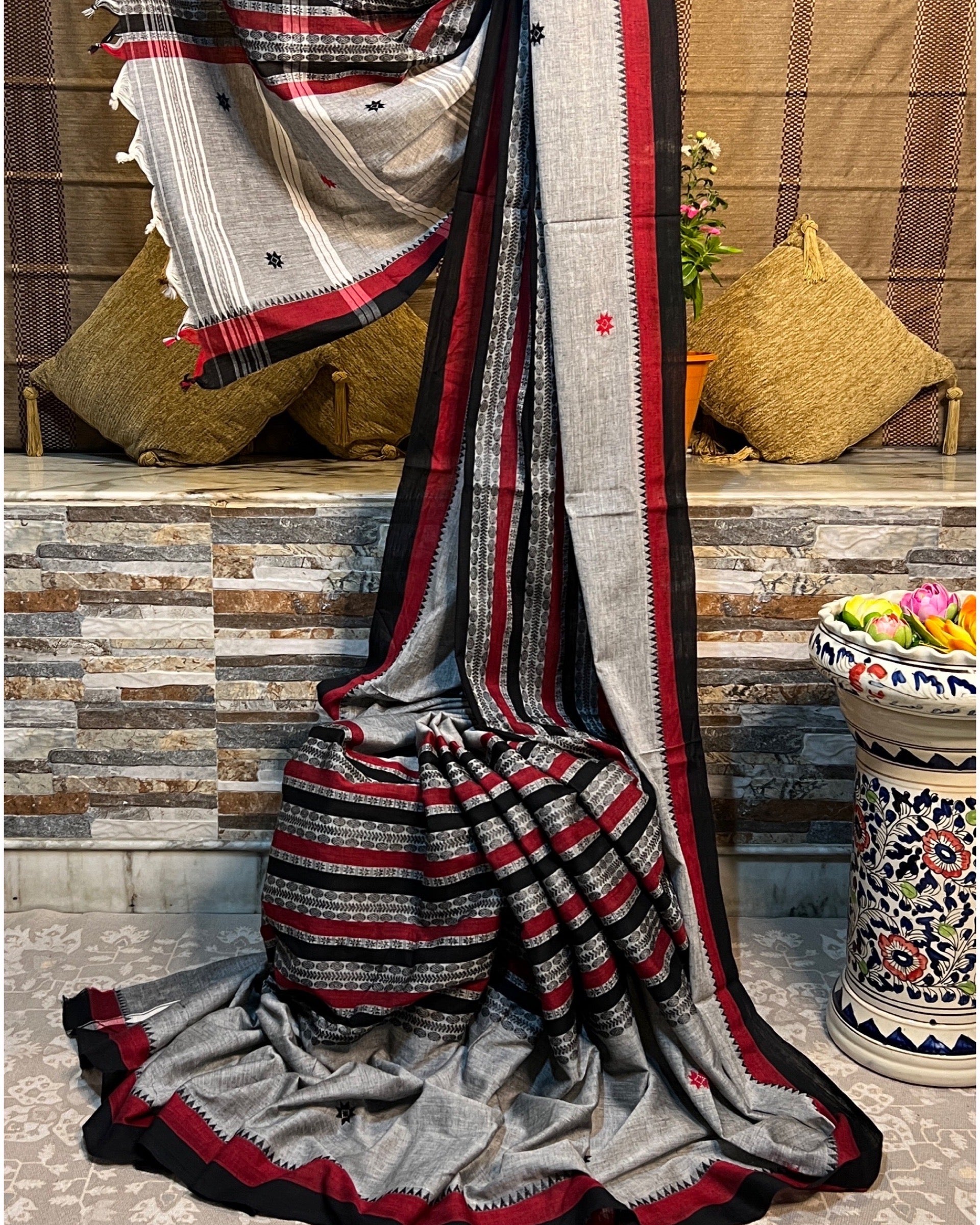 Grey black red  cotton handloom saree