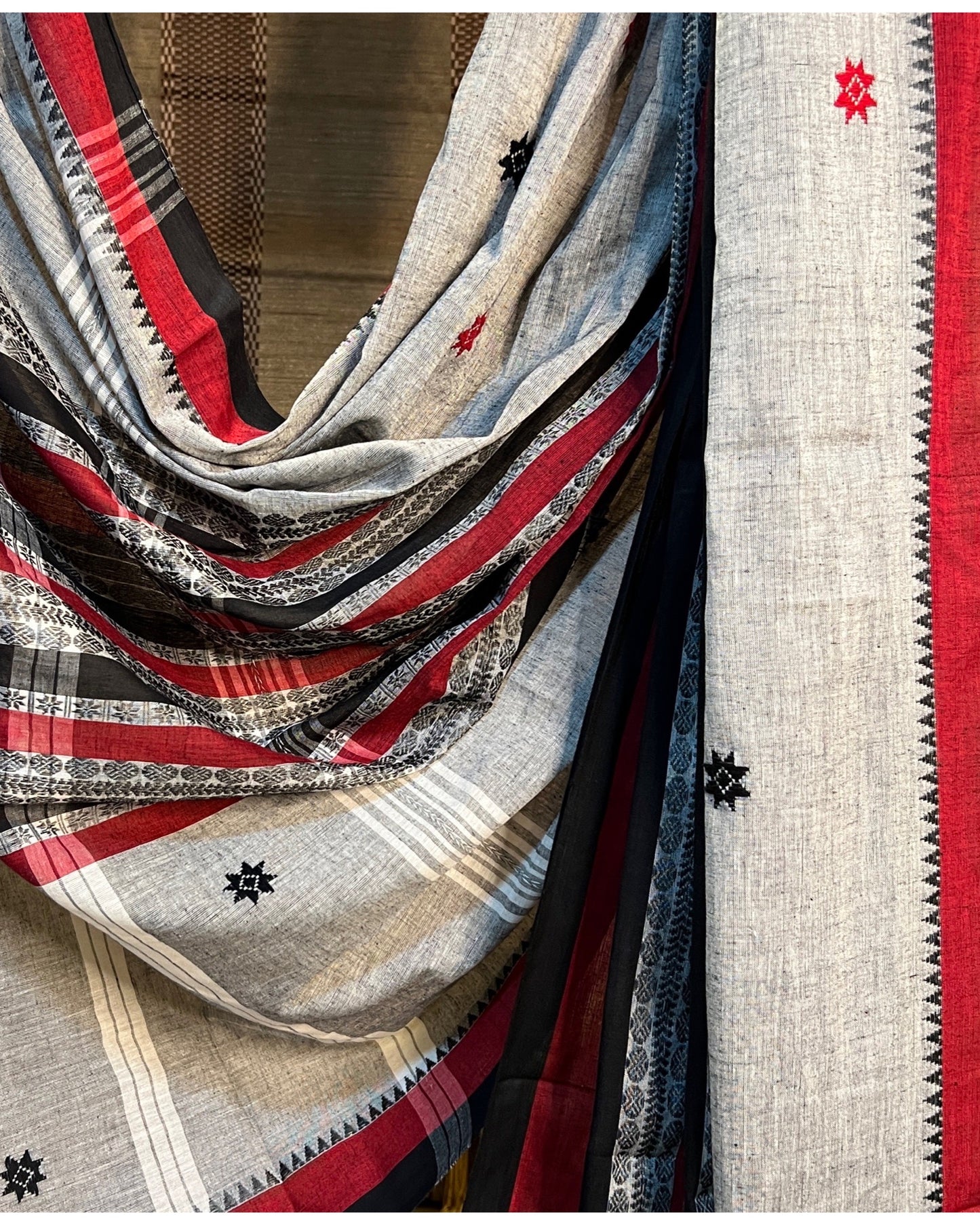 Grey black red  cotton handloom saree
