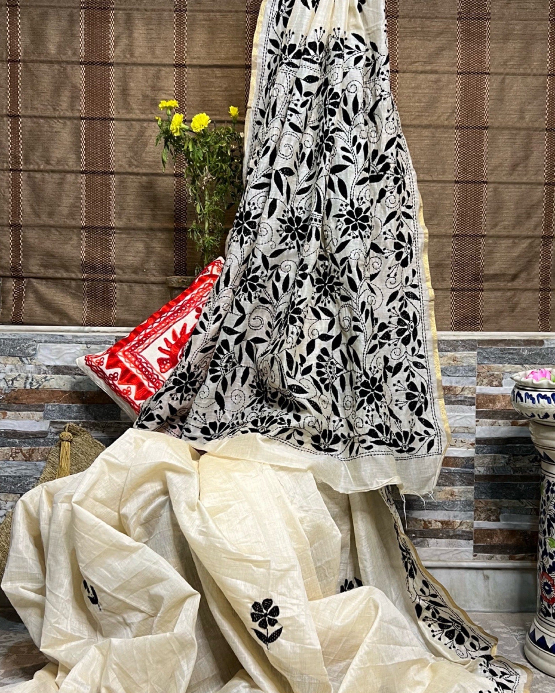 White Chanderi Cotton Kantha stitch embroidered saree in black threads and golden border