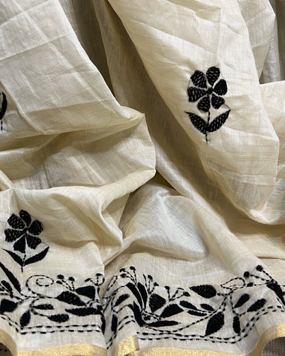 White Chanderi Cotton Kantha stitch embroidered saree in black threads and golden border