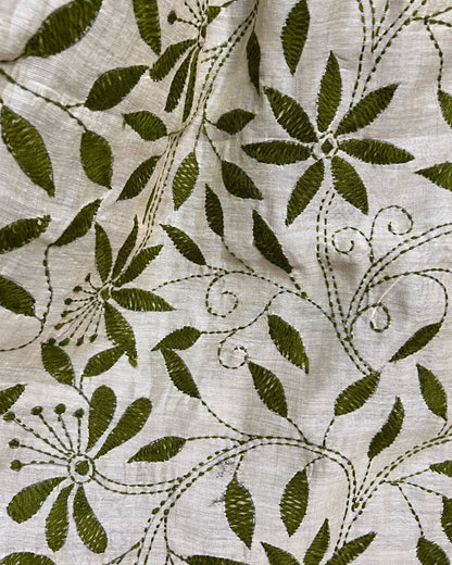 White Chanderi Cotton Kantha stitch embroidered saree in green threads and golden border