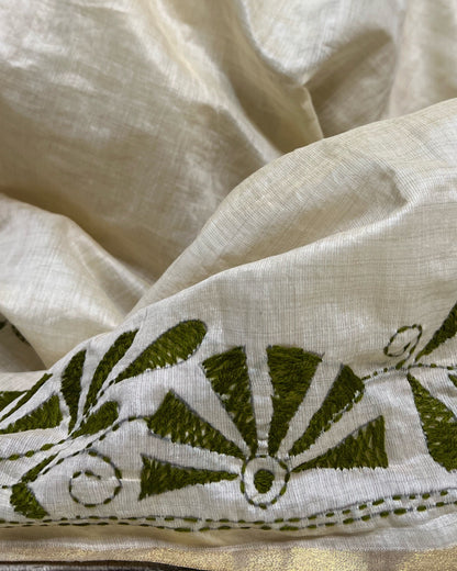 White Chanderi Cotton Kantha stitch embroidered saree in green threads and golden border