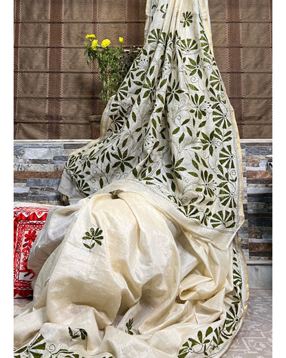 White Chanderi Cotton Kantha stitch embroidered saree in green threads and golden border