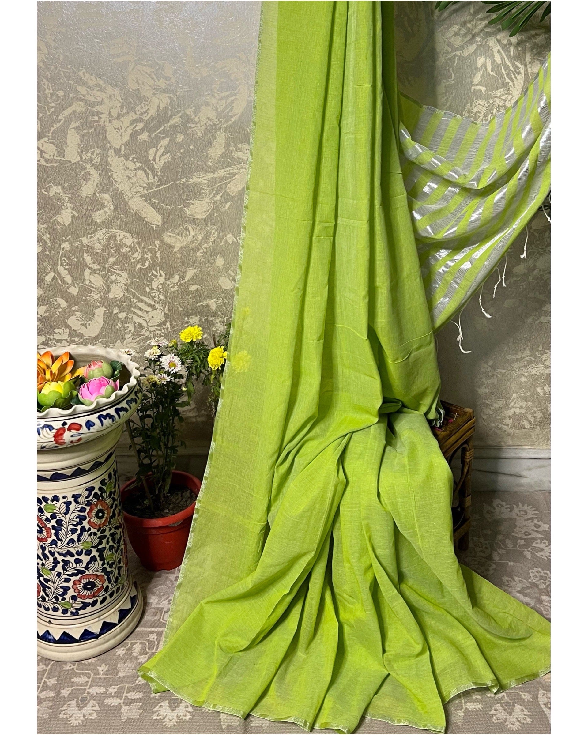 Parrot Green - Silver soft and comfortable Khadi cotton saree 