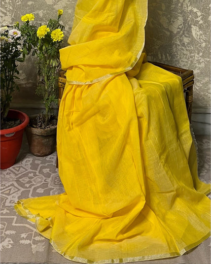 Yellow - Silver soft and comfortable Khadi cotton saree 