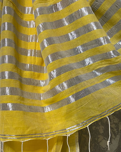 Yellow - Silver soft and comfortable Khadi cotton saree 