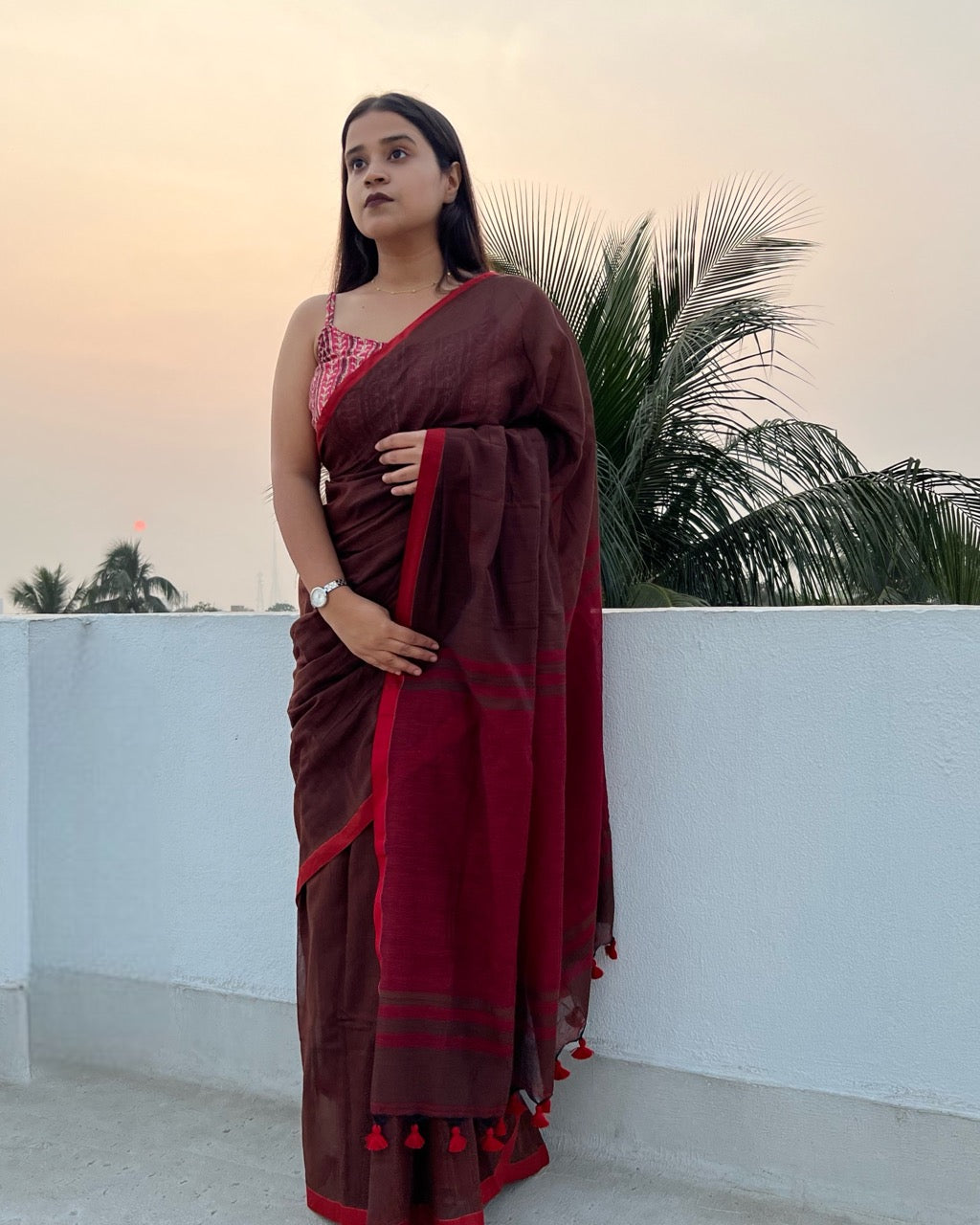 Brown- Maroon soft and comfortable Khadi cotton saree 