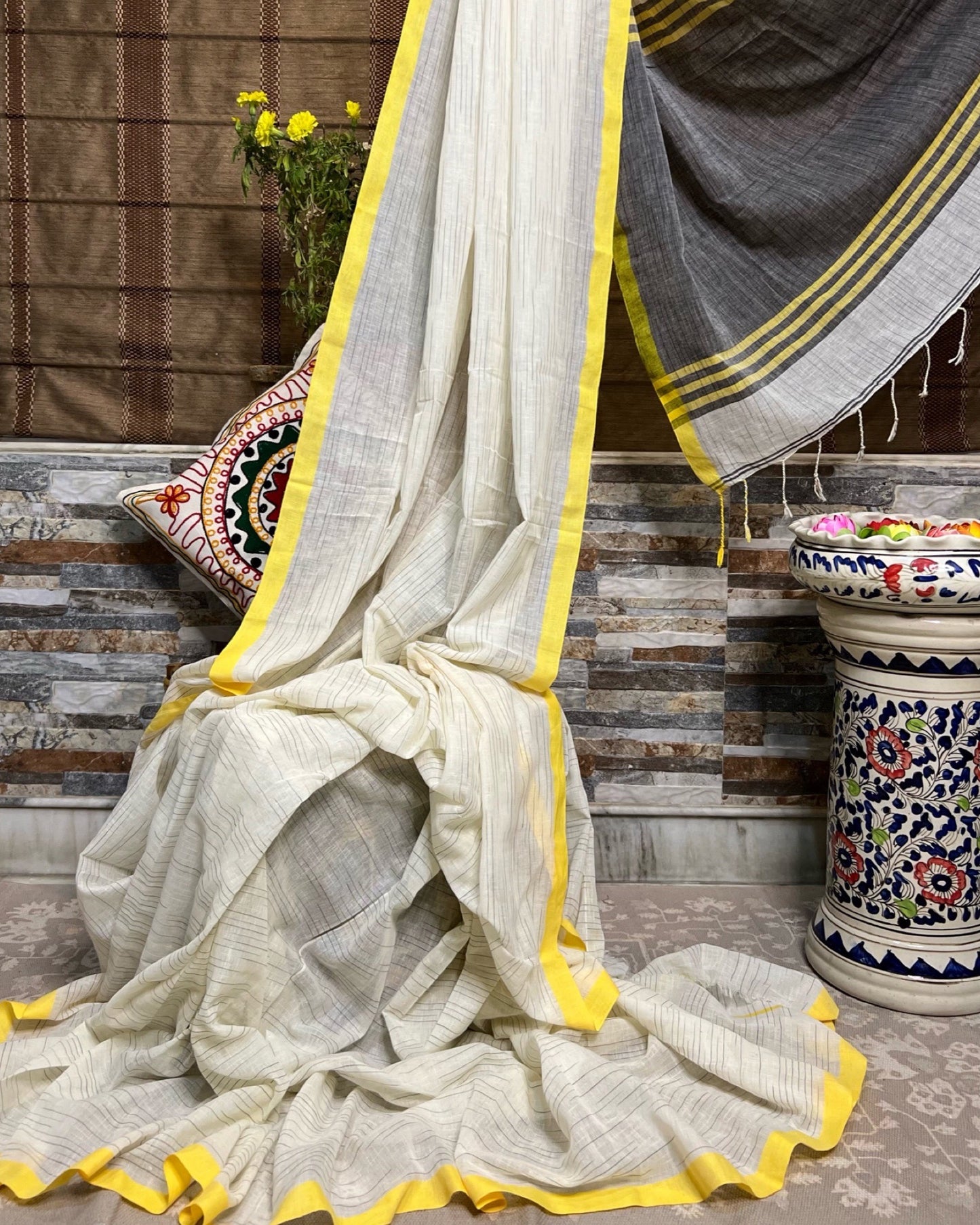 White-yellow soft and comfortable Khadi cotton saree 