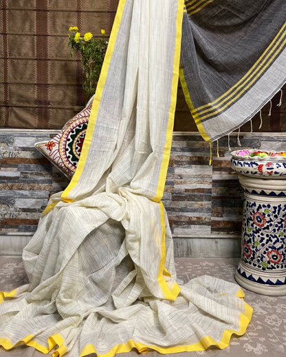 White-yellow soft and comfortable Khadi cotton saree 