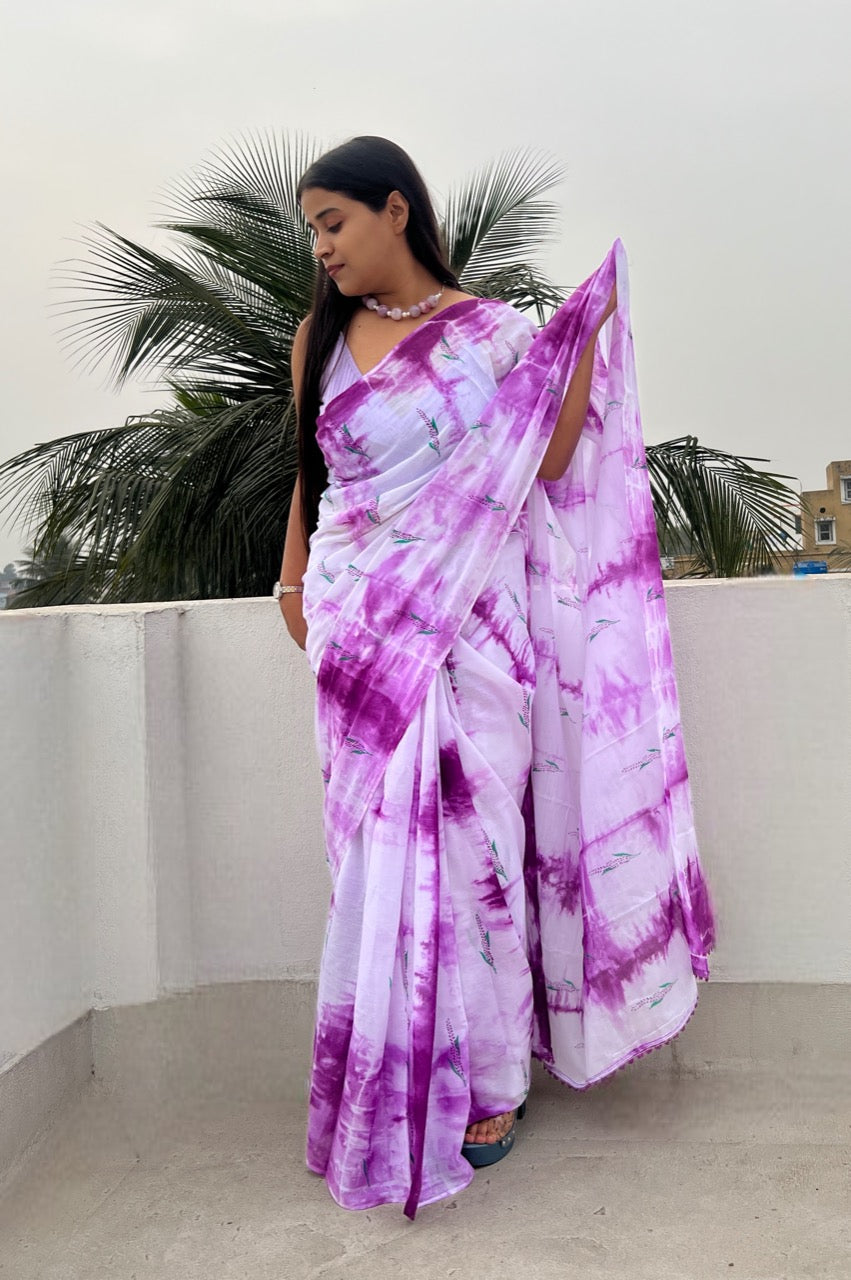 Lavender Mauve Tie and Dye Mulmul cotton Summer Saree - New Collection