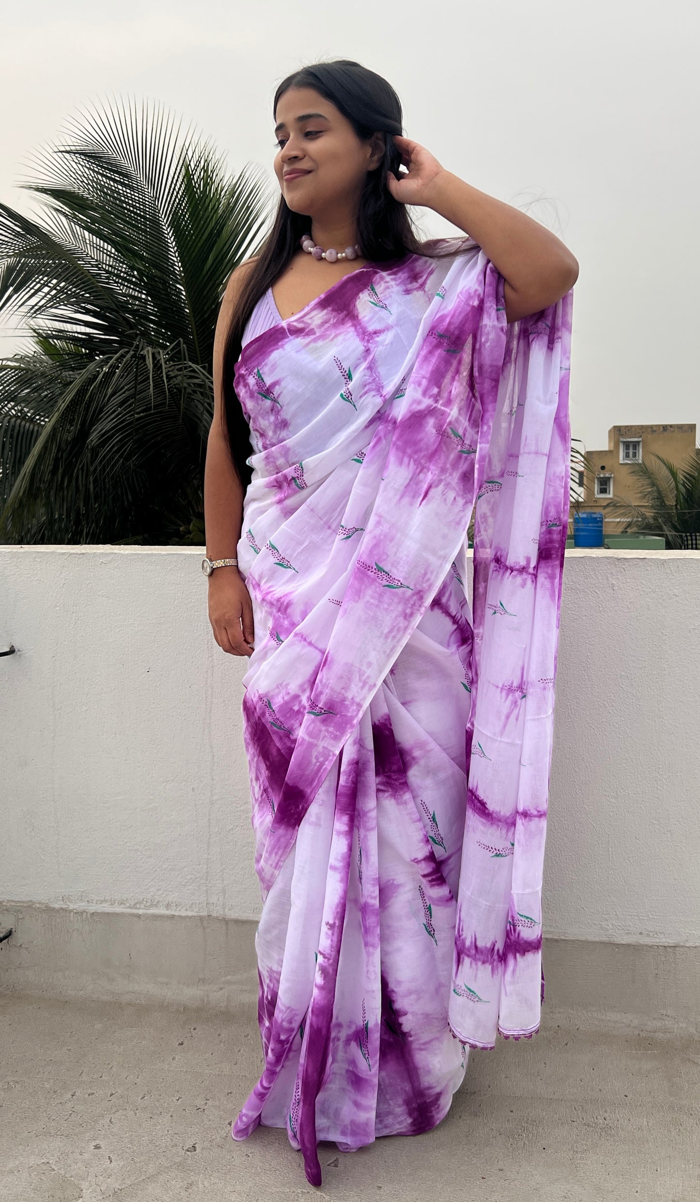 Lavender Mauve Tie and Dye Mulmul cotton Summer Saree - New Collection