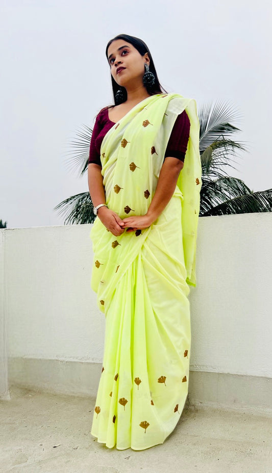 Citrus Green Mulmul cotton Summer Saree - New Collection