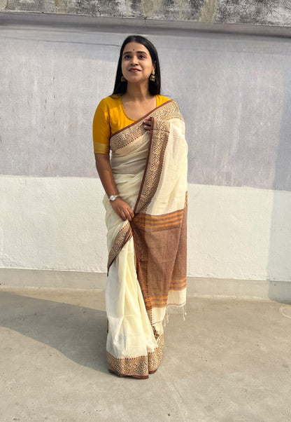 Off White - brown border soft and comfortable Khadi cotton saree 