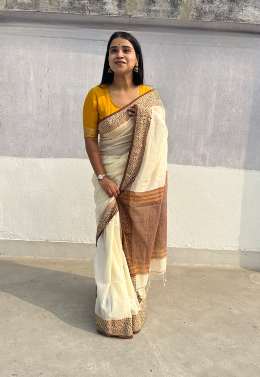 Off White - brown border soft and comfortable Khadi cotton saree 
