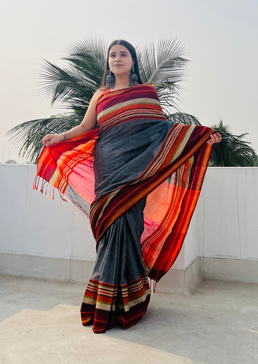 Black striped-multicolour border soft and comfortable Khadi cotton saree 