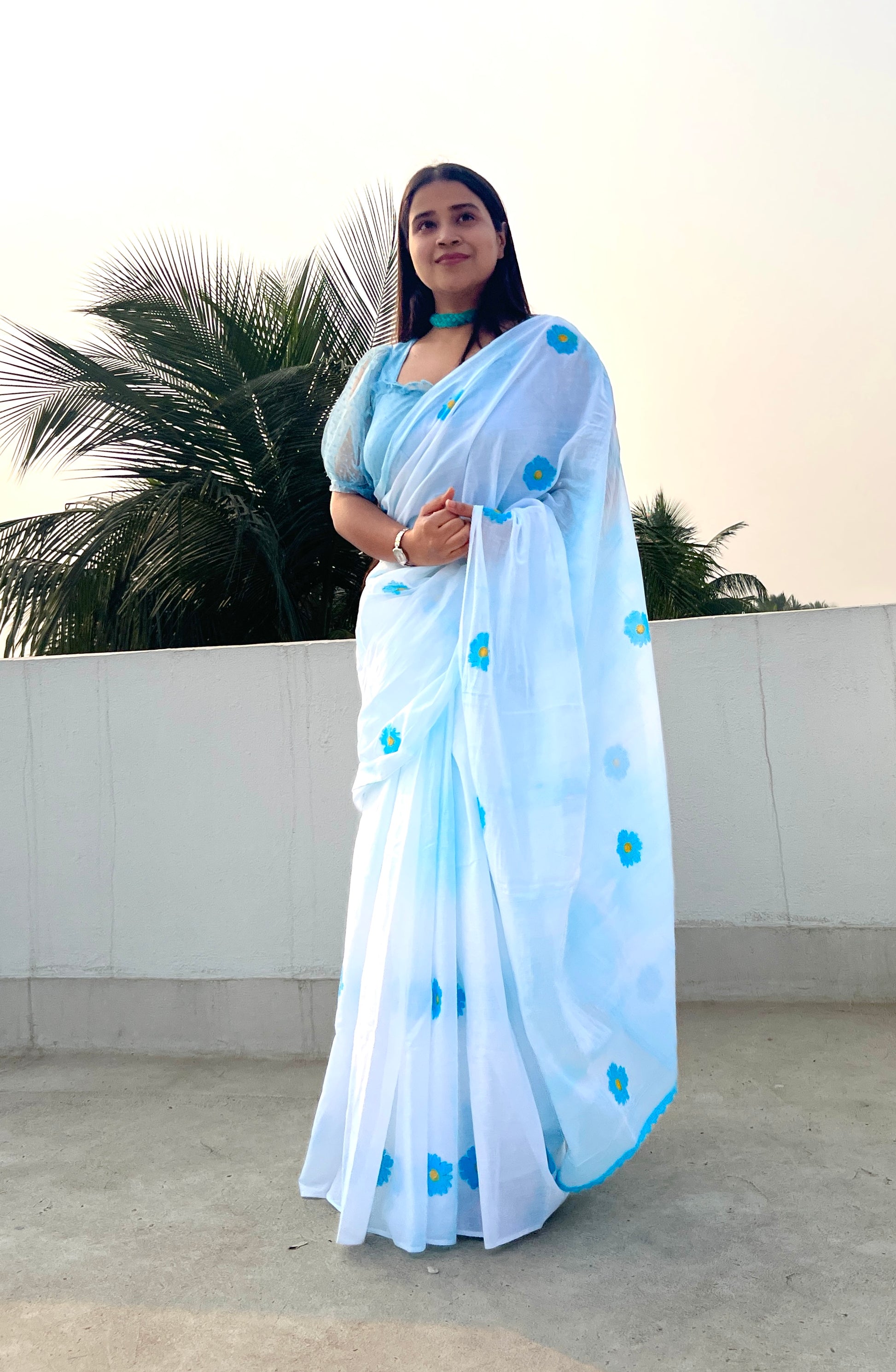 Daisy Blue Mulmul cotton Summer Saree - New Collection