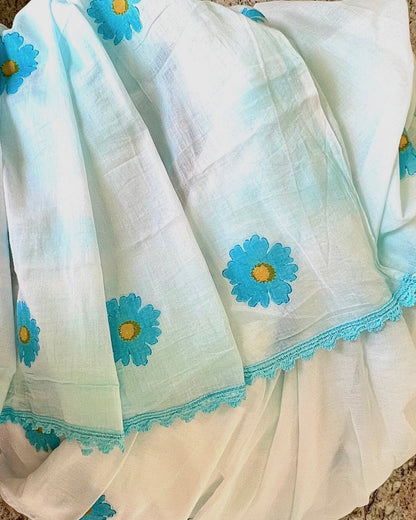 Daisy Blue Mulmul cotton Summer Saree - New Collection