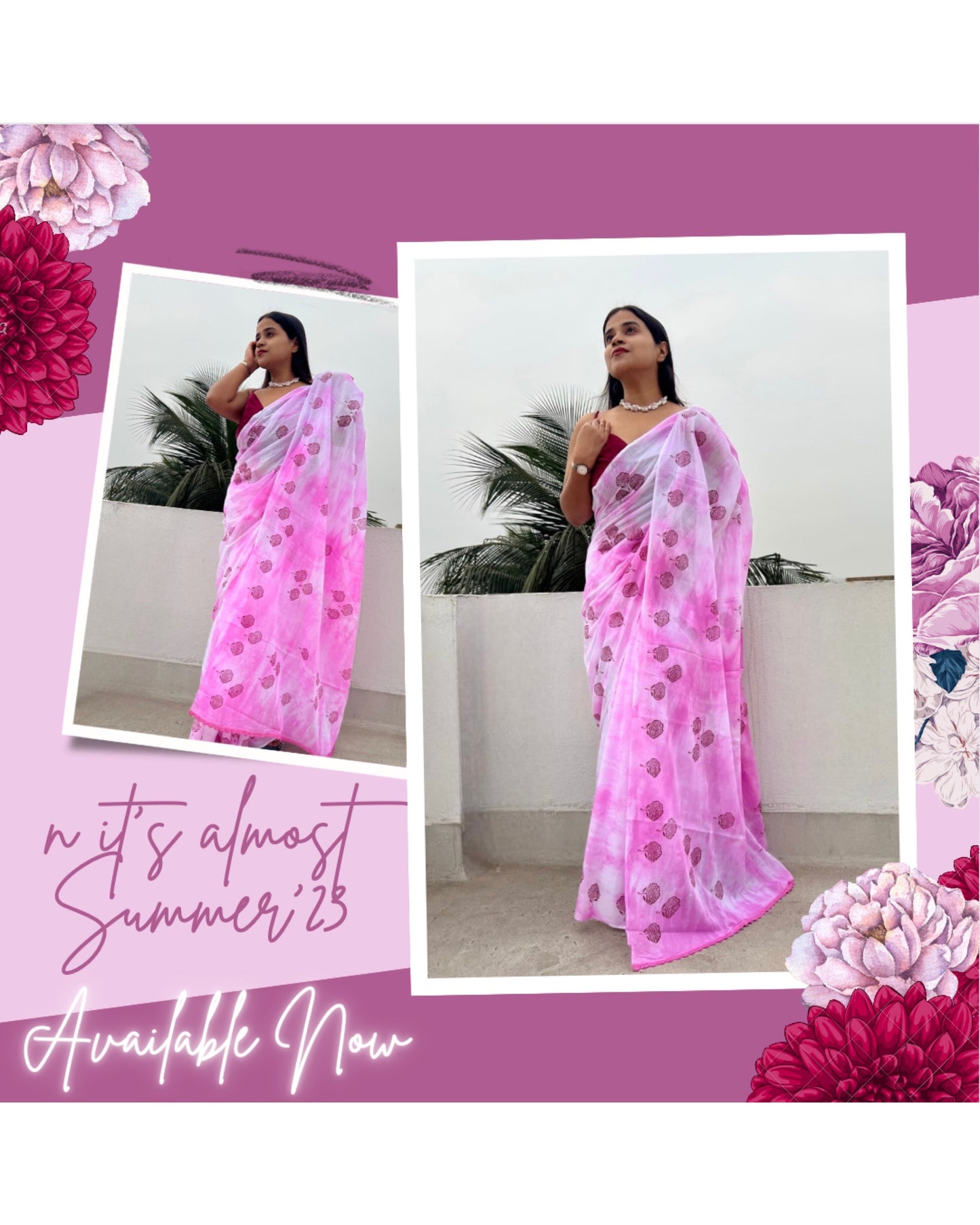 Pink Maroon Mulmul cotton Summer Saree - New Collection