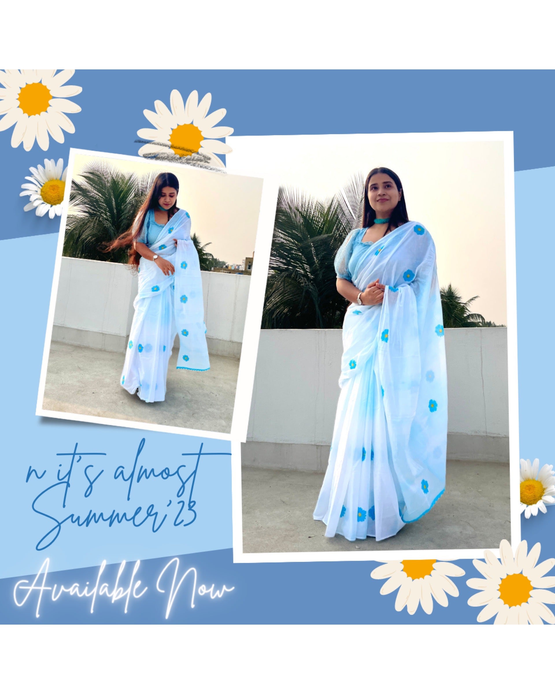 Daisy Blue Mulmul cotton Summer Saree - New Collection